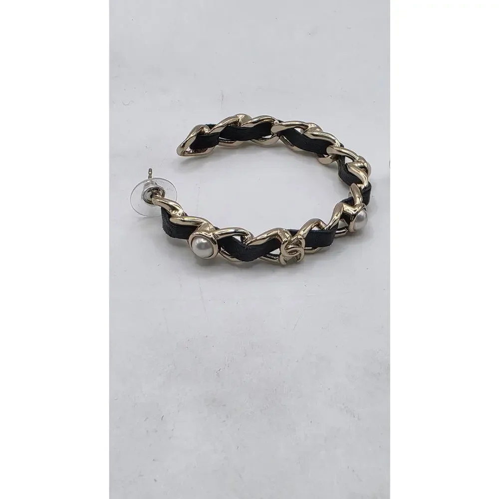 Chanel 2019 Faux Pearl Leather Interlocking CC Hoop Earrings